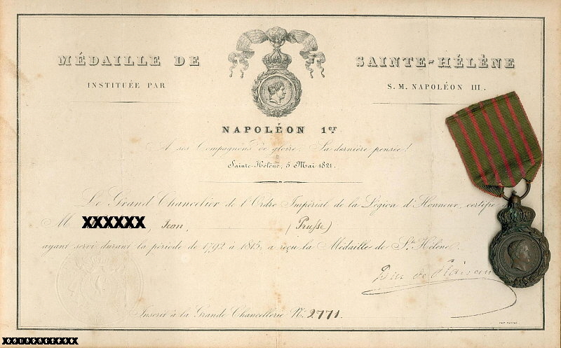 Orden - St.-Helena Medaille 1857 + Urkunde  - von Ramiere